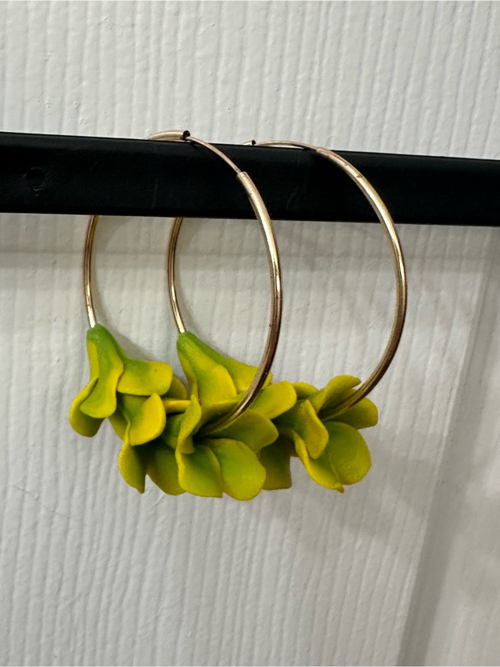 14k Gold-Filled Earrings Endless Hoops Green Clay Pakalana Floral Hawaii 2”